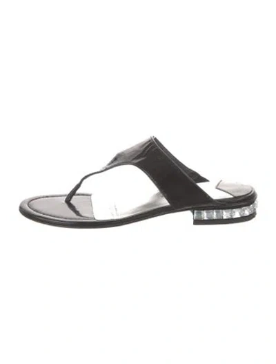 Pre-owned Donald Pliner Patent Leather Crystal Embellishments T-strap Sandals In Black