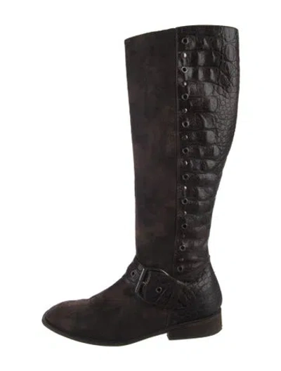 Pre-owned Donald Pliner Suede Animal Print Riding Boots In Brown/burgundy