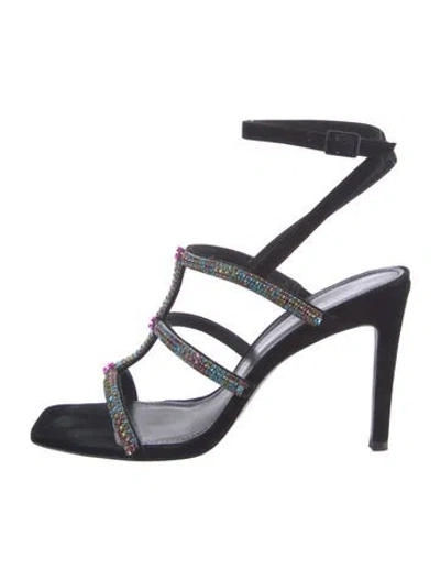 Pre-owned Donald Pliner Suede Crystal Embellishments T-strap Sandals In Black