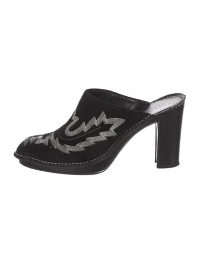 Pre-owned Donald Pliner Suede Embroidered Accent Mules In Black