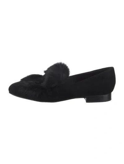 Pre-owned Donald Pliner Suede Fur Trim Loafers In Black