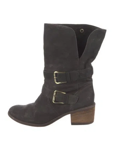 Pre-owned Donald Pliner Suede Leather Trim Embellishment Moto Boots In Black