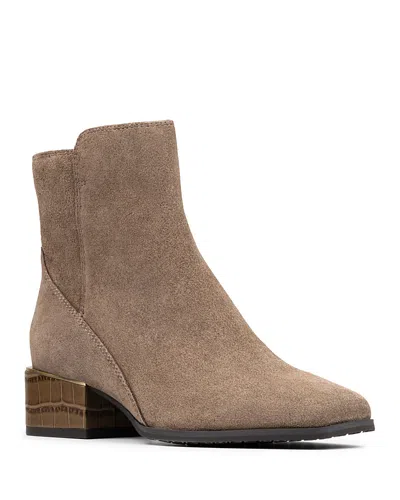 DONALD PLINER WOMEN'S CROC EMBOSSED TRIM BLOCK HEEL BOOTIES