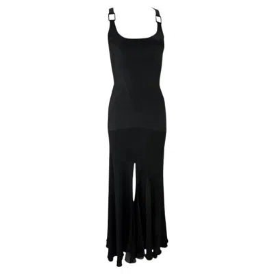 Pre-owned Donatella Versace F/w 2003 Versace By Donatella Black Buckle Flare Slit Maxi Dress 38it/4us
