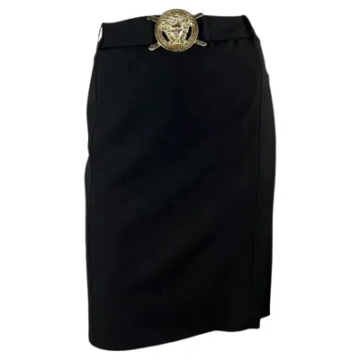 Pre-owned Donatella Versace S/s 2005 Versace By Donatella Black Medusa Belt Pencil Skirt 44it