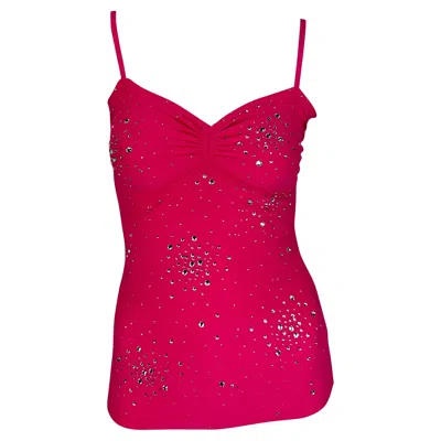 Pre-owned Donatella Versace S/s 2005 Versace By Donatella Hot Pink Rhinestone Stretch Knit Tank Top It44