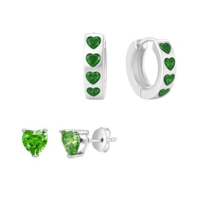 Donatello Gian Green Hearts Hoop & Stud Earring Set In Metallic