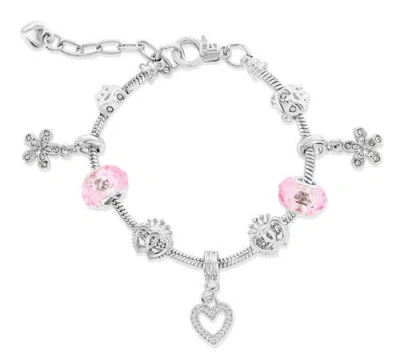 Donatello Gian Pink Crystals And Heart Charm Bracelet In Silver