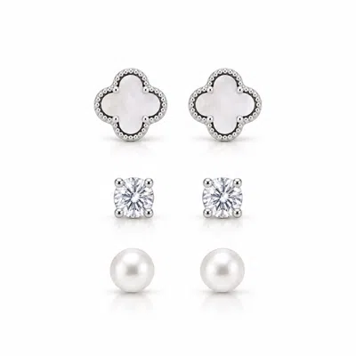 Donatello Gian Set Of 3 Sterling Silver Clover Crystal & Pearl Earrings In Metallic