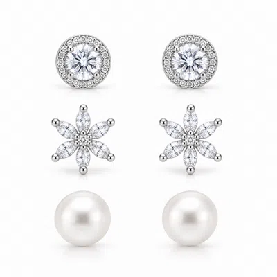 Donatello Gian Set Of 3 Sterling Silver Halo Floral & Pearl Earring