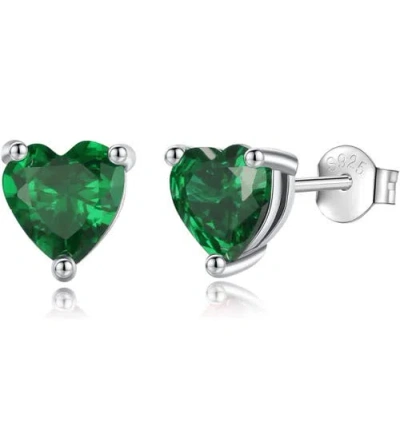 Donatello Gian Solid Sterling Silver Created Gemstone Heart Stud Earrings In Emerald