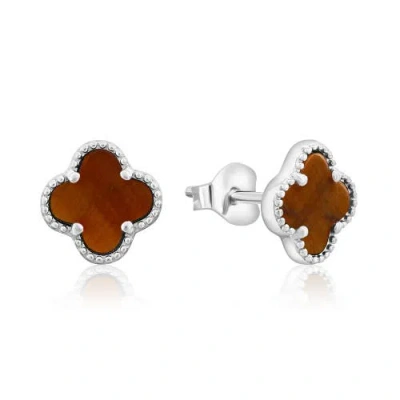 Donatello Gian Sterling Silver Clover Stud Earrings In Tiger Eye