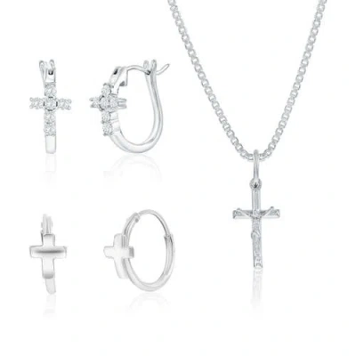 Donatello Gian Sterling Silver Cross Necklace & Cross Earrings Set In Metallic