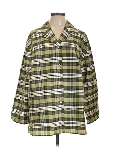 Pre-owned Doncaster Collection 3/4 Sleeve Silk Top Green Plaid Pattern Square Neckline Tops