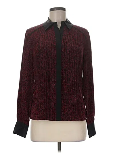 Pre-owned Doncaster Collection Long Sleeve Silk Top Burgundy Tweed Pattern Collared Neckline Tops