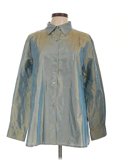 Pre-owned Doncaster Collection Long Sleeve Silk Top Gold Metallic Pattern Collared Neckline Tops