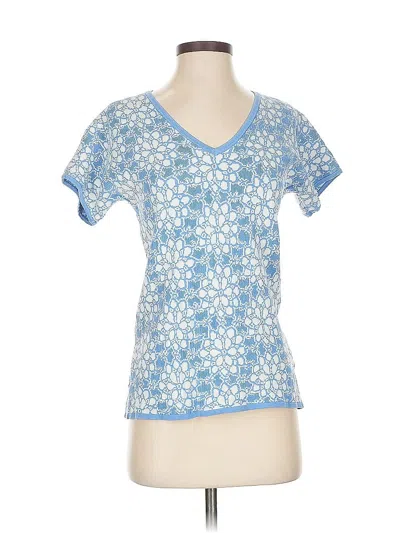 Pre-owned Doncaster Collection Short Sleeve Silk Top Blue Floral Pattern V-neck Tops
