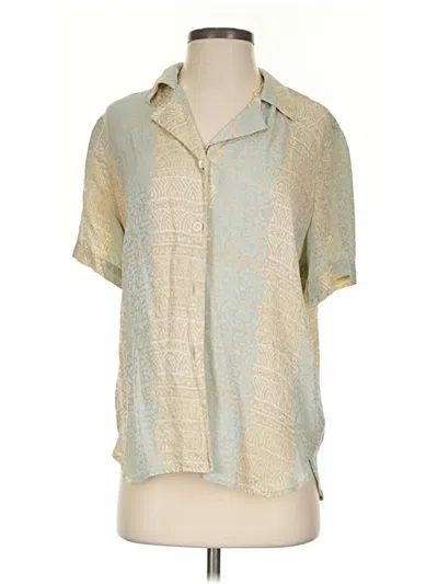 Pre-owned Doncaster Collection Short Sleeve Silk Top Gold Metallic Pattern Collared Neckline Tops