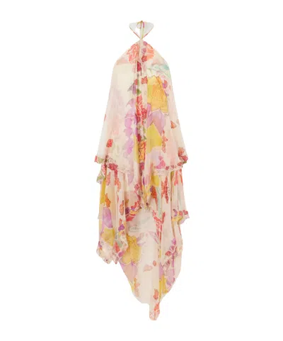 Donde Esteban Flores Ruffled Asymmetric Lace-trimmed Silk-chiffon Halterneck Maxi Dress In Multi
