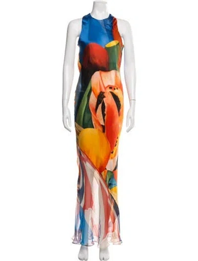 Pre-owned Donde Esteban Floral Print Long Dress In Orange