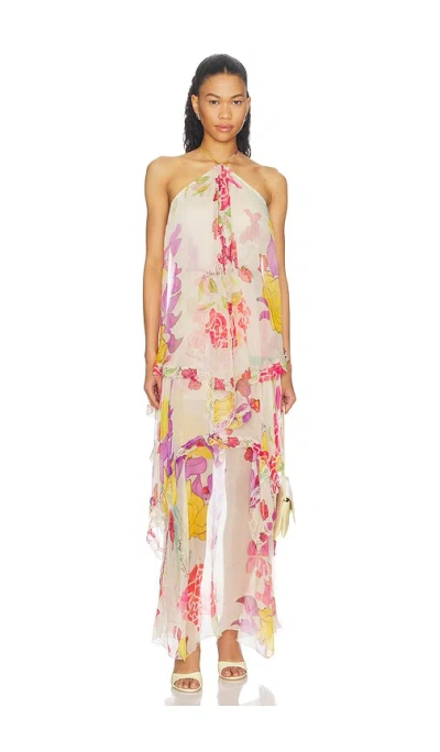 Donde Esteban Flores Silk Chiffon Long Halter Dress