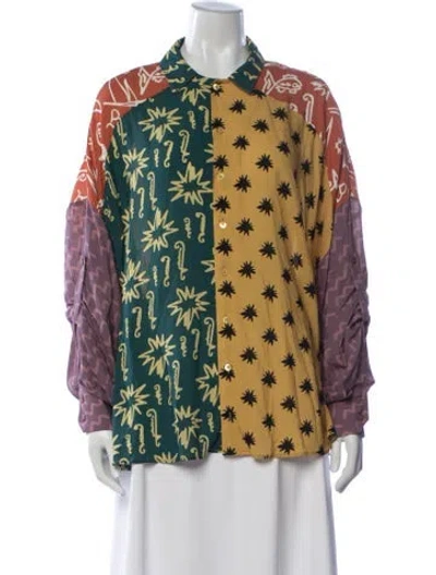 Pre-owned Donde Esteban Graphic Print Long Sleeve Button-up Top In Multicolor