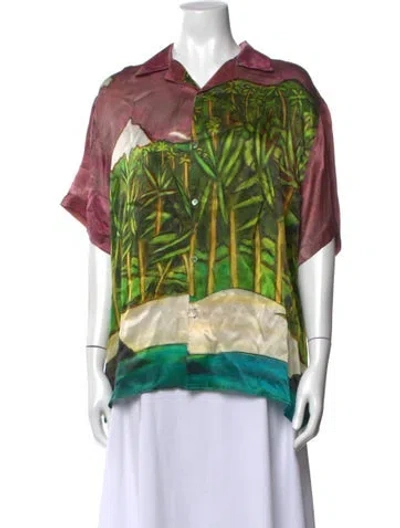 Pre-owned Donde Esteban Graphic Print Short Sleeve Button-up Top W/ Tags In Green