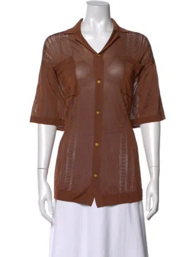 Pre-owned Donde Esteban Patterned Short Sleeve Button-up Top W/ Tags In Brown