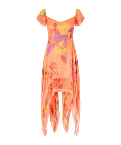 Donde Esteban Guava Flores Ruffled Asymmetric Lace-trimmed Silk-chiffon Midi Dress In Multi