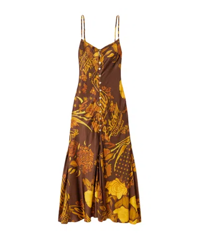 Donde Esteban Veranera Floral Button Slip Midi Dress In Brown