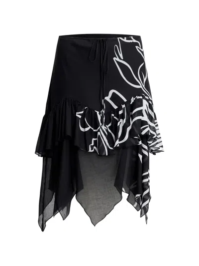 Donde Esteban Ruffled Floral-print Midi Skirt In Black