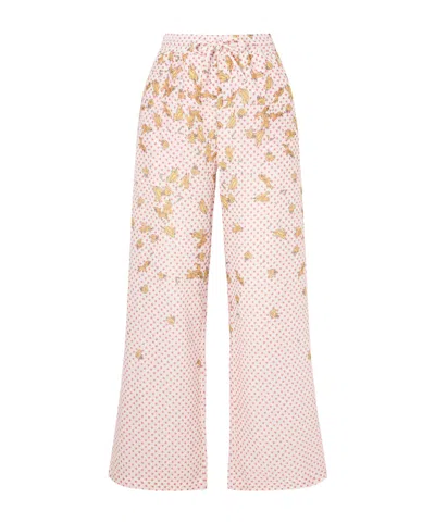 Donde Esteban Pajaritos Y Rosas Wide Leg Printed Cotton Pants In Pink