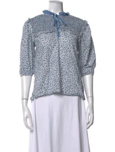 Pre-owned Dondolo Floral Print Tie Neck Top In Blue/white