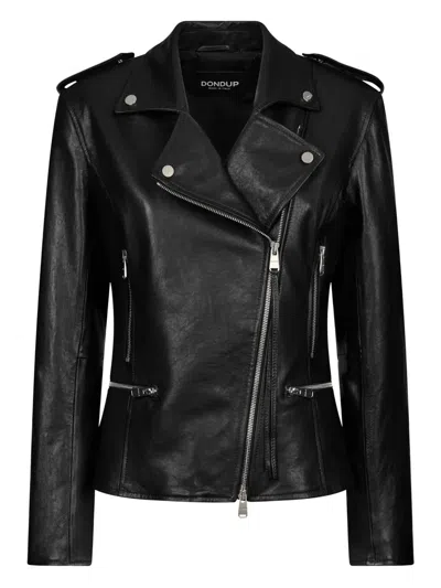 Dondup Asymmetric Zip Leather Jacket In Black