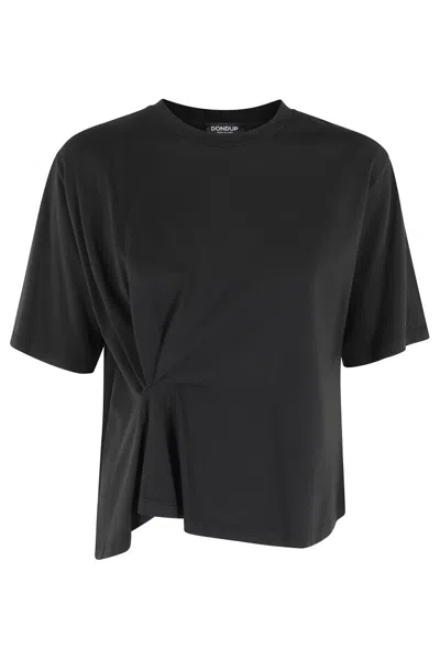 Dondup Black Cotton T-shirt With Unique Draping Detail