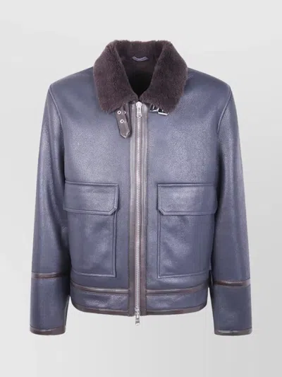 DONDUP BUCKLE LEATHER PATCH SHEARLING COLLAR JACKET