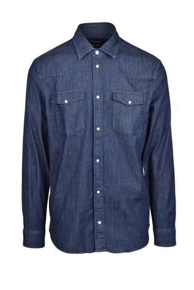 Dondup Denim-texture Long Sleeve Shirt In Blue