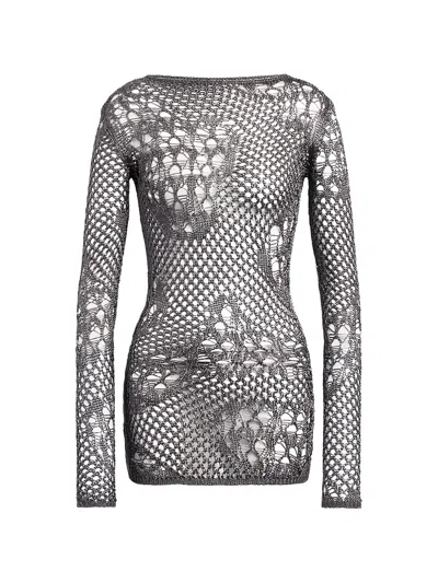 Dondup Lace Knit Dress Long Sleeves Stretchy In Gray