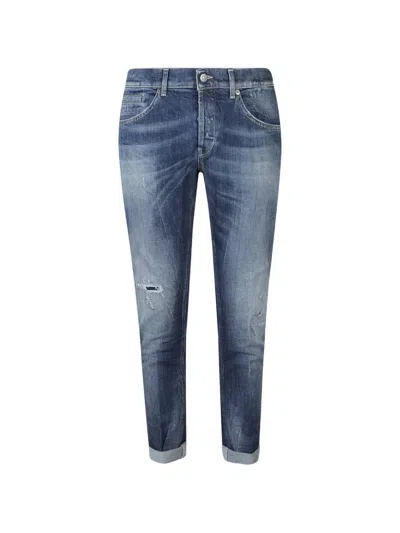 Dondup Straight Leg Jeans Distressed Patches Faded Wash In Blue