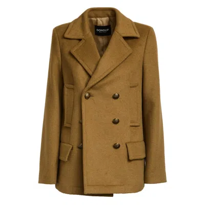 DONDUP DOUBLE-BREASTED BROWN PEACOAT WITH PATCH AND WELT POCKETS