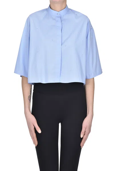 Dondup Embellished Cropped Cotton Shirt In Light Blue