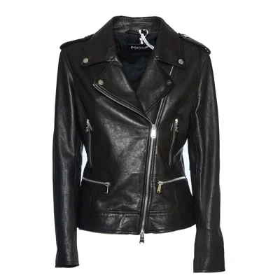 Dondup Fitted Black Leather Biker Jacket