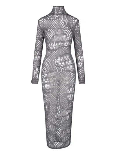 Dondup Grey Cotton Knit Turtleneck Maxi Dress In Gray