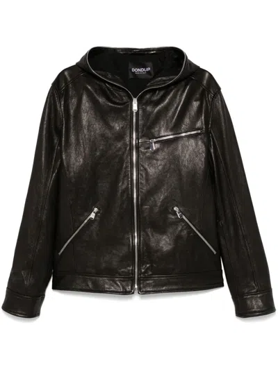 Dondup Hoded Zipper Leather Jacket In Black