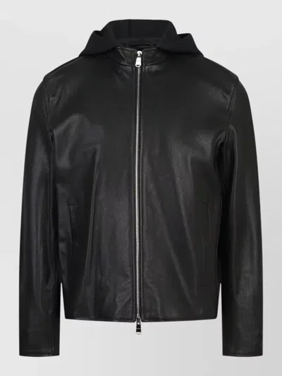 Dondup Hooded Leather Coat Long Sleeves Pockets In Black