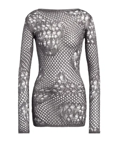 Dondup Open-knit Long-sleeve Mini Dress In Gray