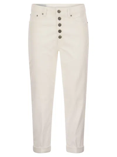 DONDUP KOONS - MULTI-STRIPED VELVET TROUSERS WITH JEWELLED BUTTONS
