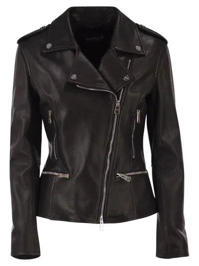Dondup Lamb Leather Biker Jacket With Asymmetric Zip In Black