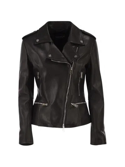 Dondup Lamb Leather Biker Jacket With Asymmetric Zip In Black