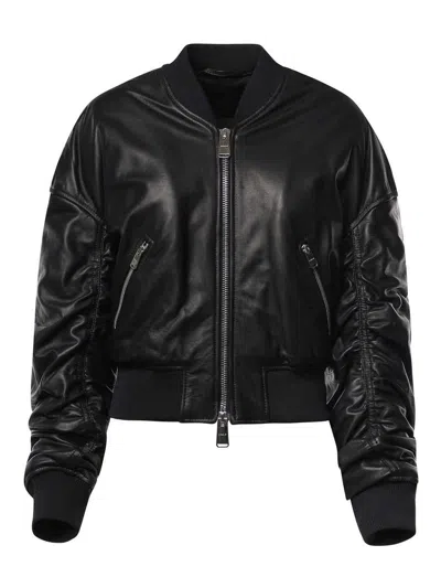 Dondup Leather Bomber Jacket In Black